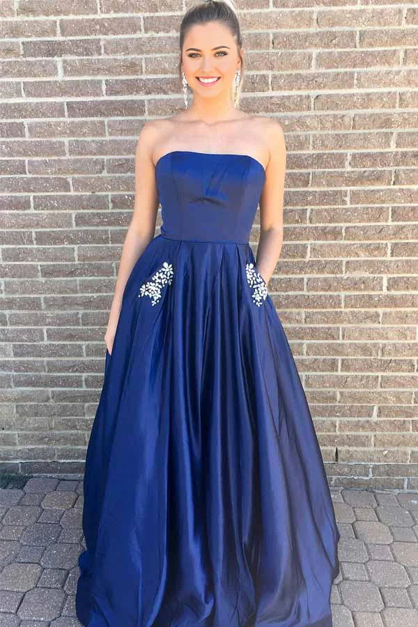 Vestido de fiesta largo azul real sin tirantes, corte princesa, con bolsillos